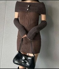 brown off-the-shoulder knit mini dress  knit arm warmers Korea K-pop 