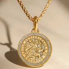 14K Yellow Gold Round Saint St. Christopher Medal Charm Necklace Pendant