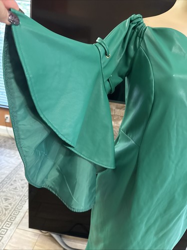 Ashley Stewart Faux Leather Wide Bell Sleeves Green Dress Sz 10/12 New w/defects - Picture 2 of 19