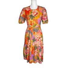 Farm Rio for Anthropologie Floral Leopard Tiered Midi Dress Orange Pink Small