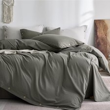 Washed Cotton Duvet Cover Set Grey Soft Breathable Bedding w Button S252