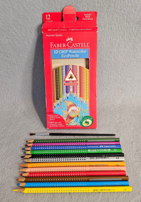 Faber-Castell 12 Grip Watercolor Eco Pencils Triangular w/ Grip Dots & Brush