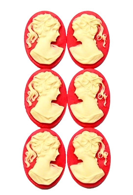 8 Vintage Cream/Red 25x18mm Lovely Woman 4 Left &4 Right Resin Cameos Cabochon