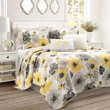 Leah Reversible Floral Quilt Set, 8 Piece Set, Full/ Queen, Yellow  Gray - C...