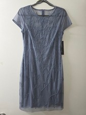 NWT Von Maur Papell Studio Sheer Overlay Short Beaded Dress Dusty Blue 6