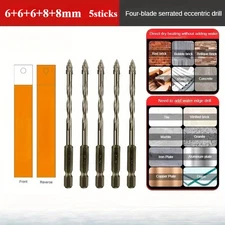 5PCS Four Blade Serrated Eccentric Drill, Hexagonal Drill Bit, Dry Drilling Tool