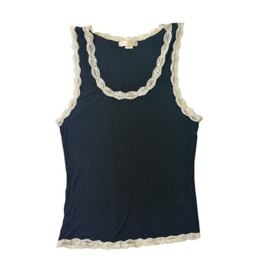 Victoria's Secret Lace Trim Ribbed Tank Top Navy Blue Angora Blend Large