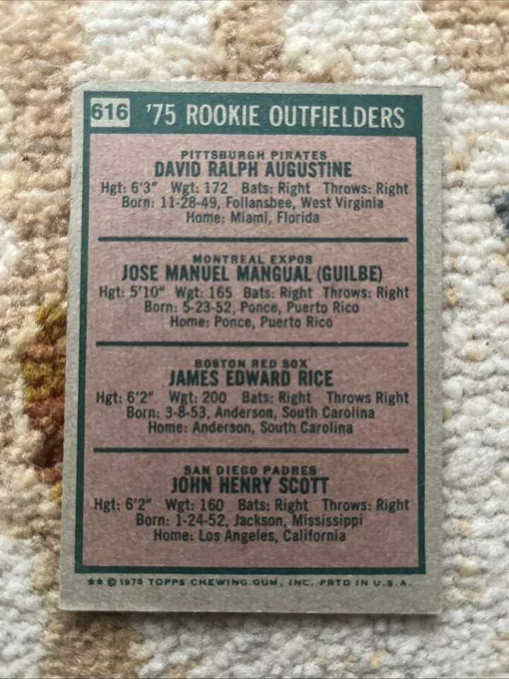 1975 Topps - Rookie Outfielders Jim Rice, Pepe Mangual, John Scott #616 (RC) Foto 2 de 2