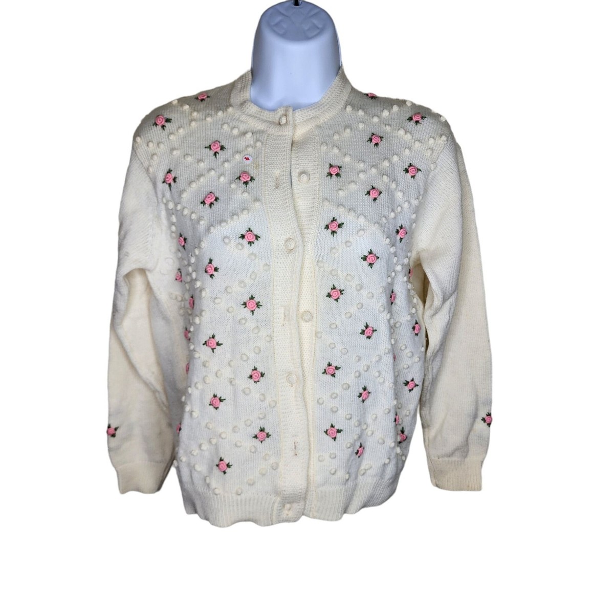 Vintage 50s Wool Sweater Rosette Flowers Cardigan Womens Vintage 50s Wool Sweater Rosette Flowers Cardigan Womens