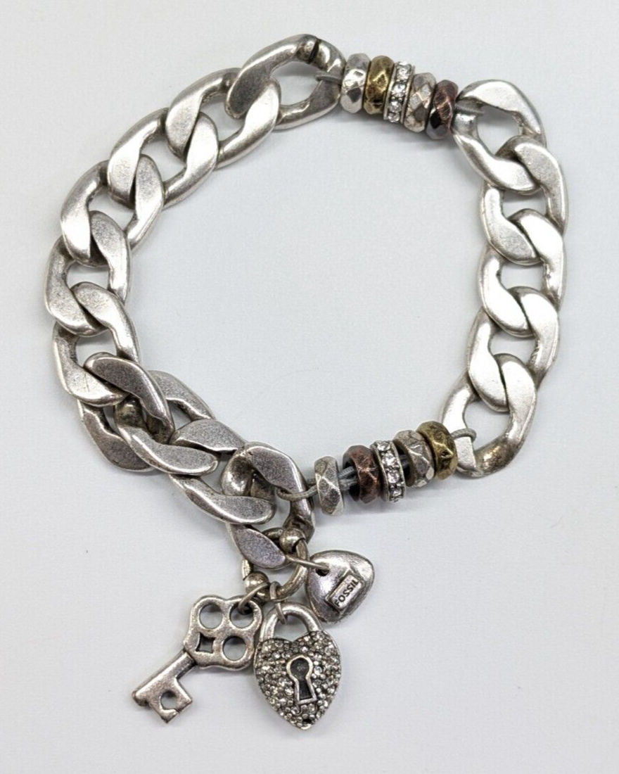 Fossil Silver Tone Key Heart Lock Pendant Charm Chain Stretch