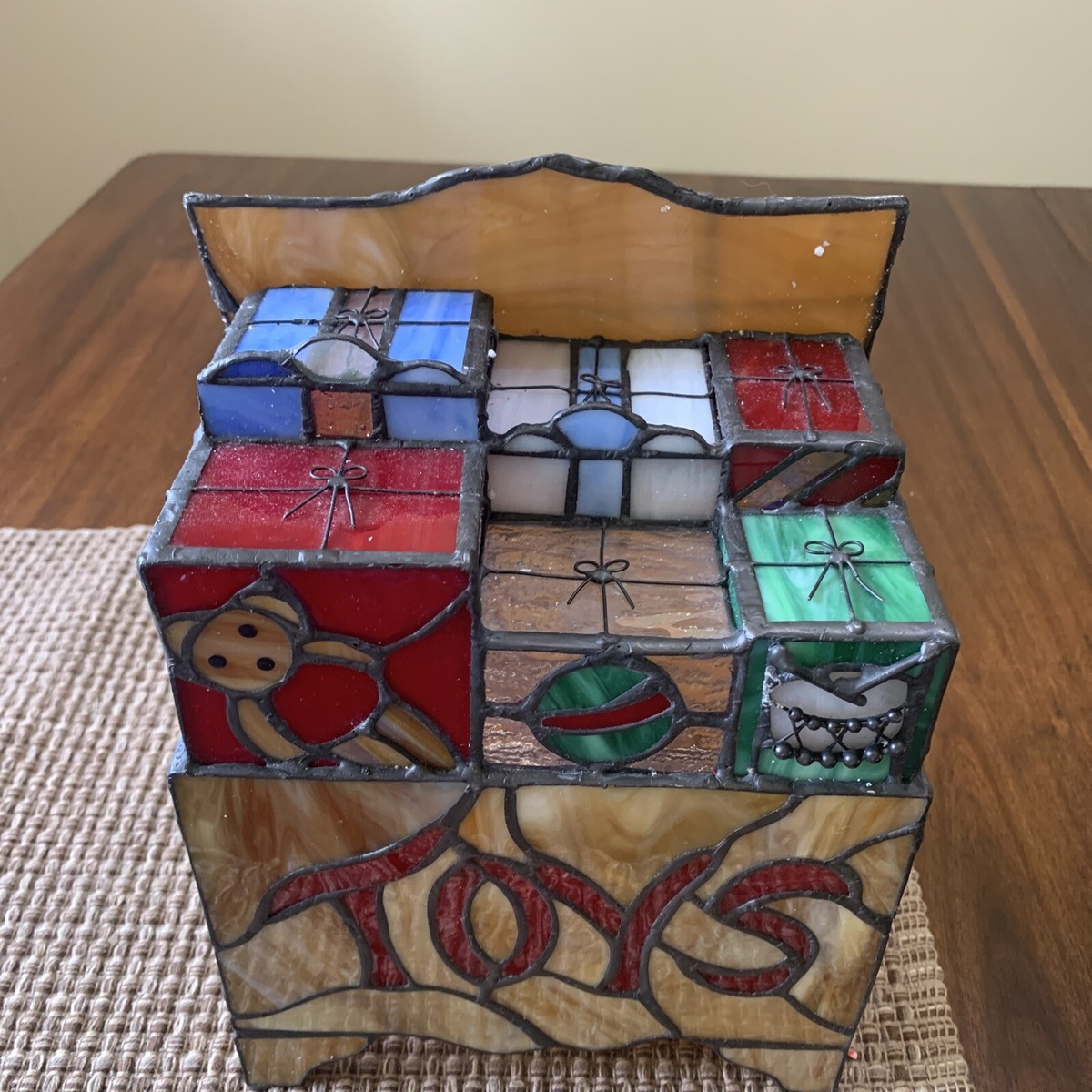 Vintage Genuine Tiffany Stained Glass Toy Box Chest Holiday Lamp