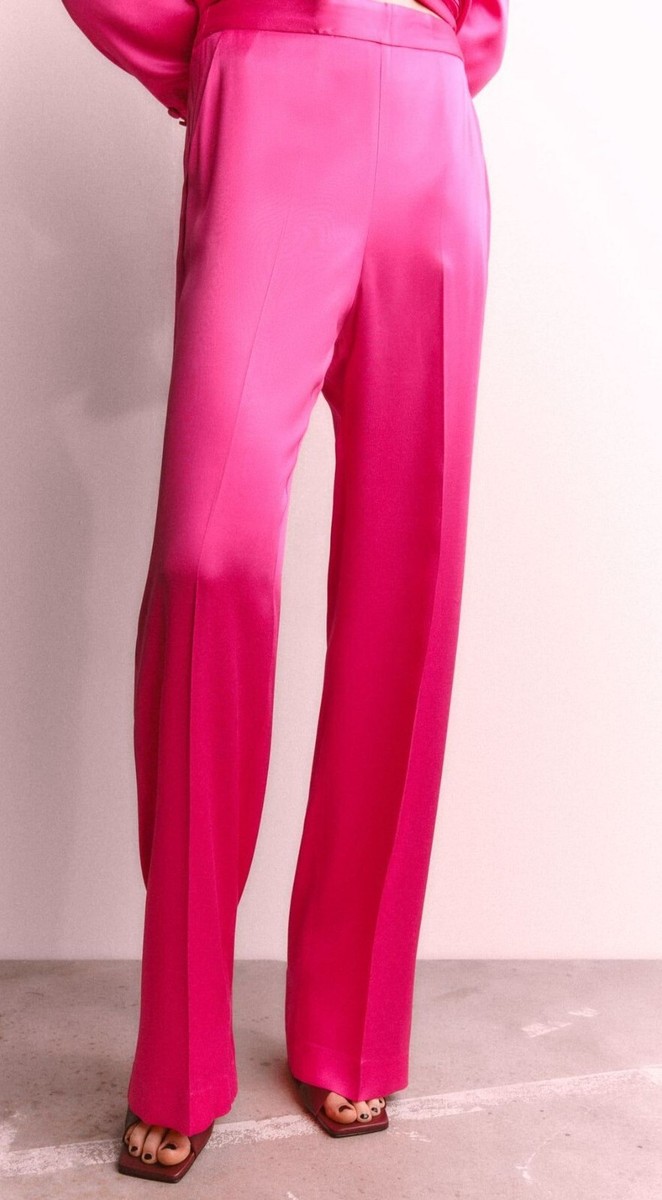 NWT ZARA HOT PINK WIDE LEG SATINY TROUSERS, PANTS- XS | eBay