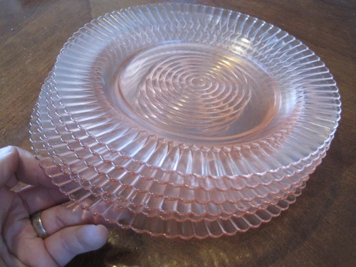 Set 6 Vintage Antique Pink Depression Glass 9" Plates Ribbed Petalware Style
