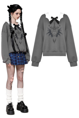 Dark In Love Women Gray Gothic Bat Print  Pullover Sweatshirt Academy Style Tops