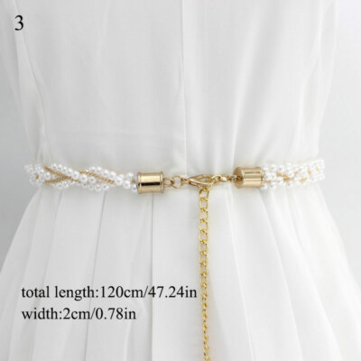 Women Metal Waist Chain Belt Dress Imitation Pearl Waistband  display picture 3