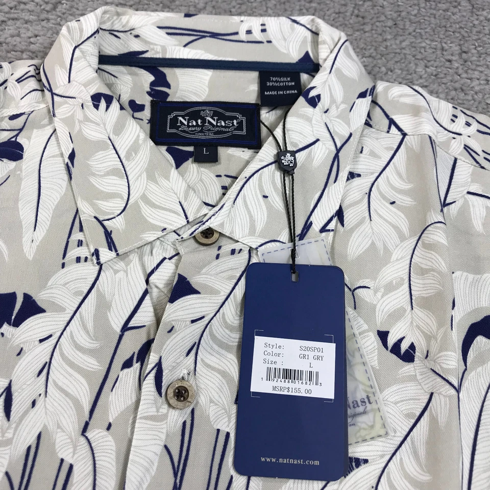 Nat Nast Shirt Mens Large Button Up Silk Beige Ivory Floral Blue Camp Shirt - Image 3 of 4
