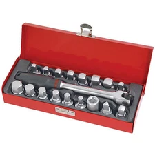 Professional 19 Piece Oil Drain Sump Plug Sockets Set in Metal Box Garage Tool