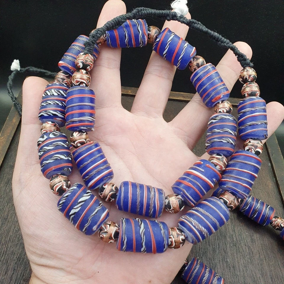 Vintage Afrikanischer Stil Blau Glas Aventurin Ausgefallen Glasperlen Perlen - Bild 3 von 4