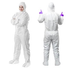 AMZ White Hazmat Suits, 2X-Large. Pack of 5 Lightweight Microporous Disposabl...