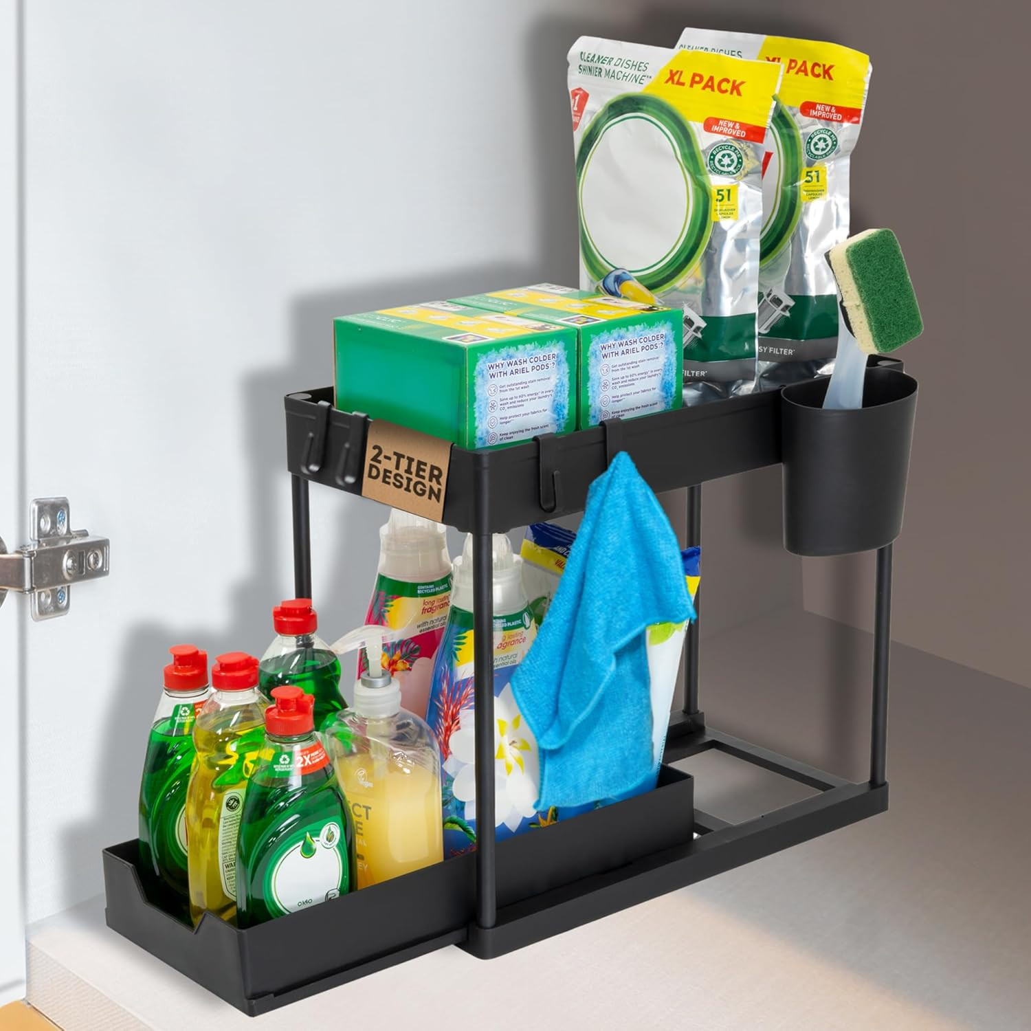 2 Organizzatori Sotto Lavello Con Ripiani Estraibili – ABS E Acciaio, Altezza Regolabile, Con Ganci E Tazze - 4