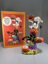 Pumpkins And Friends Three Cup Tea Light Holder Trick or Treat Halloween