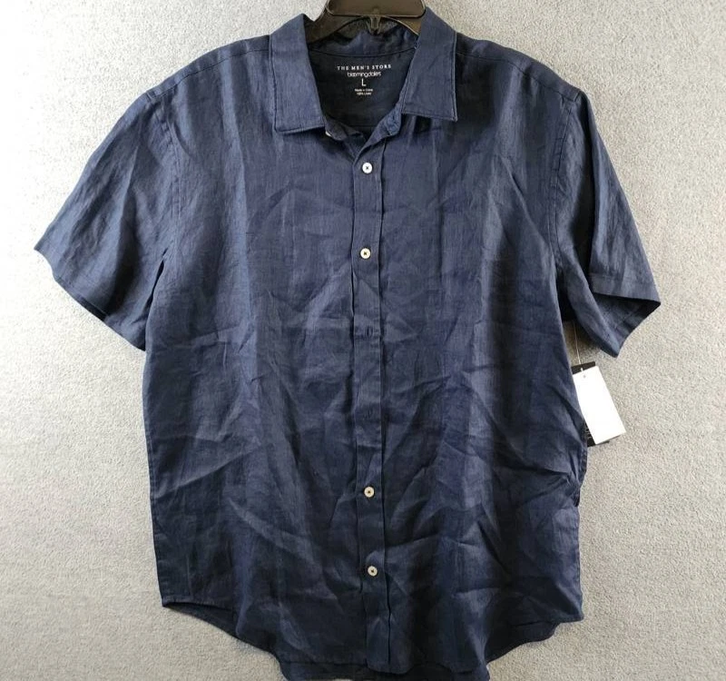 The Men's Store at Bloomingdale's Short Sleeve Linen Shirt L True Navy Solid