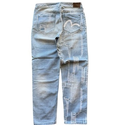 EVISU Women's Light Blue Denim Straight Jeans Distressed Details 