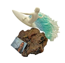 Vintage John Perry Sculpture Surfer Blue Wave Burlwood Signed Original Tag