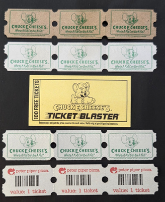 CHUCK E CHEESE TICKETS -3)625GT, 3)630GT, 3)622GT,3)P102GT, 1)TB2