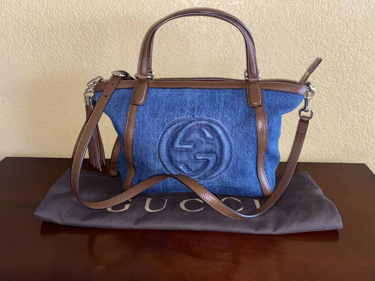 GUCCI Soho GG Blue Denim Brown Leather Tassel Shoulder Bag 2 Way Handbag Tote