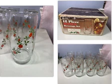 NEW Vintage Anchor hocking beverage glasses red rose climbing set 12 pieces