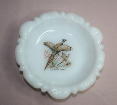 VINTAGE FIRE-KING RING NECKED PHEASANT ASHTRAY MILK GLASS #1
