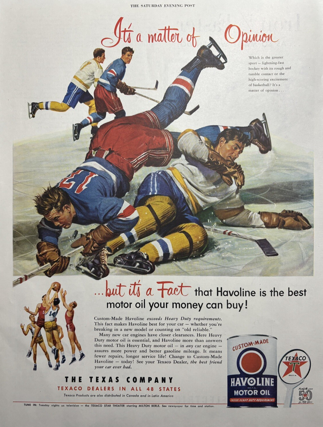 1952 Texaco Havoline Motor Oil Custom Made Hockey Sports Engine VTG Print Ad