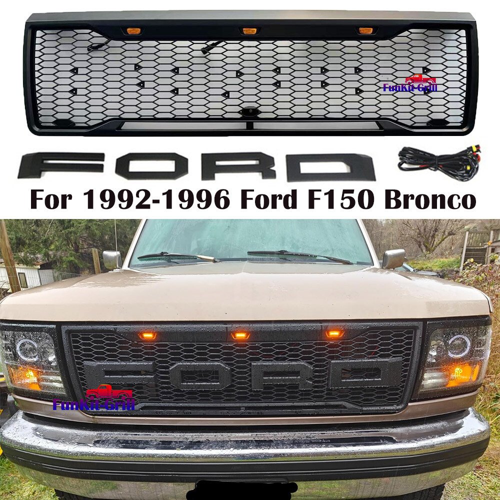 Grille for 1992-1996 Ford F150 Bronco Grill w/LED Lights and Letters Matte Black