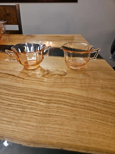 Vintage Cambridge Stamp Pink Depression Glass Decagon Cream And Sugar