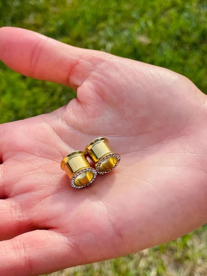 Tampões de orelha de ouro maciço 14k duplo alargado medidores túneis de carne com diamante genuíno - Imagem 4 de 4