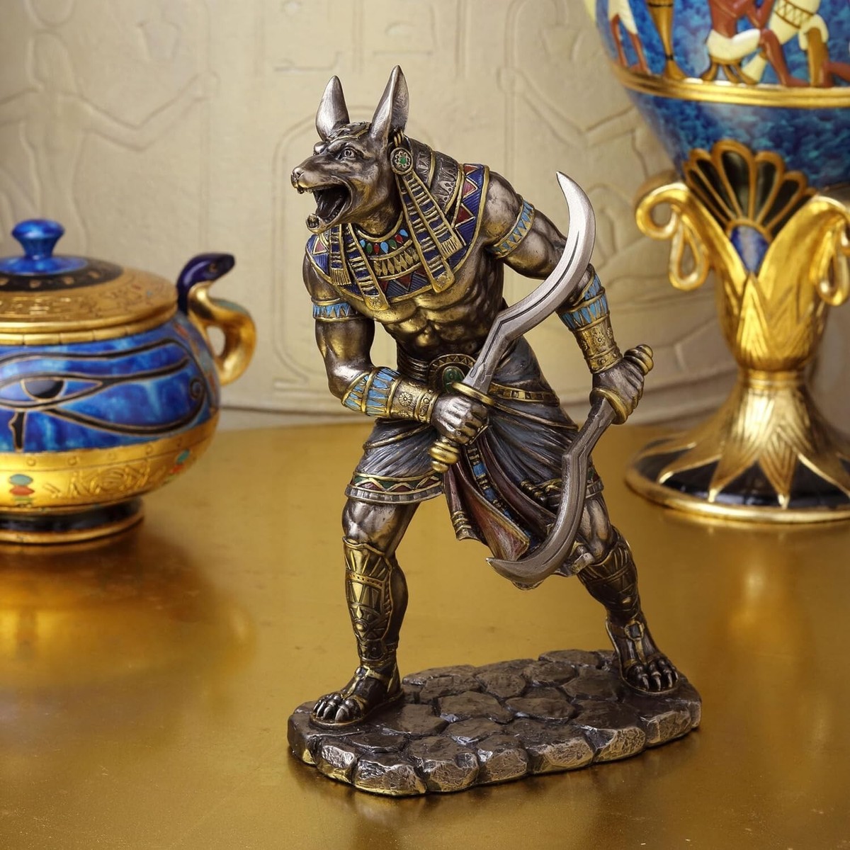 8 7/8 Inch Egyptian God Anubis Dual Wielding Khopesh Cold Cast