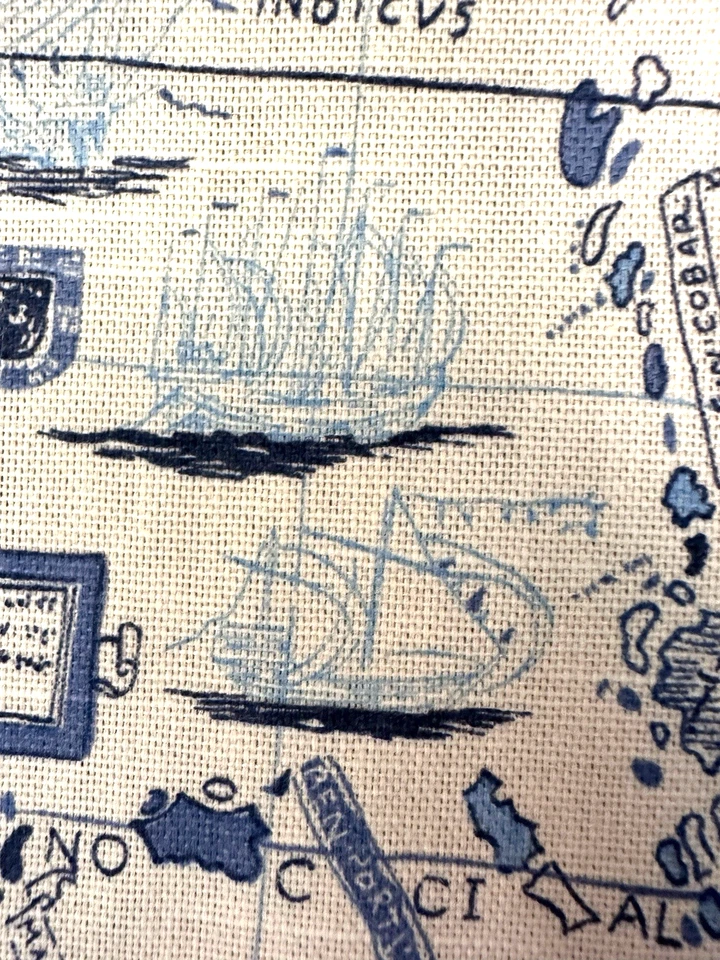 Waverly Nautical Fabric Upholstery Blue Clipper Ships Maps Chart House 50"Lx55W - Image 3 of 4