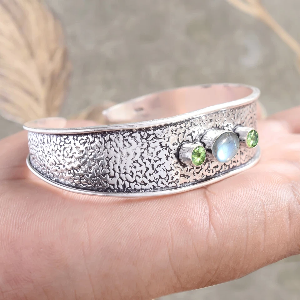 Labradoriet & Peridot Cut Gemstone Cuff 925 Sterling Silver Love Gift Bracelet - Image 4 of 4