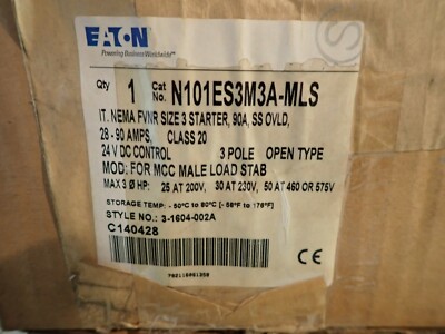 NEW EATON N101ES3M3A-MLS Size 3 Starter SS Overload 28-90 amp 24vdc N04NES3X3N