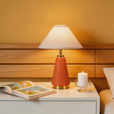 Iron Table Lamp with Orange Leather Wrap for Home Decor