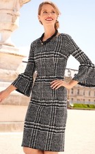Talbots Bell Sleeve Gala Glen Black White Plaid Sheath Dress SZ 10P