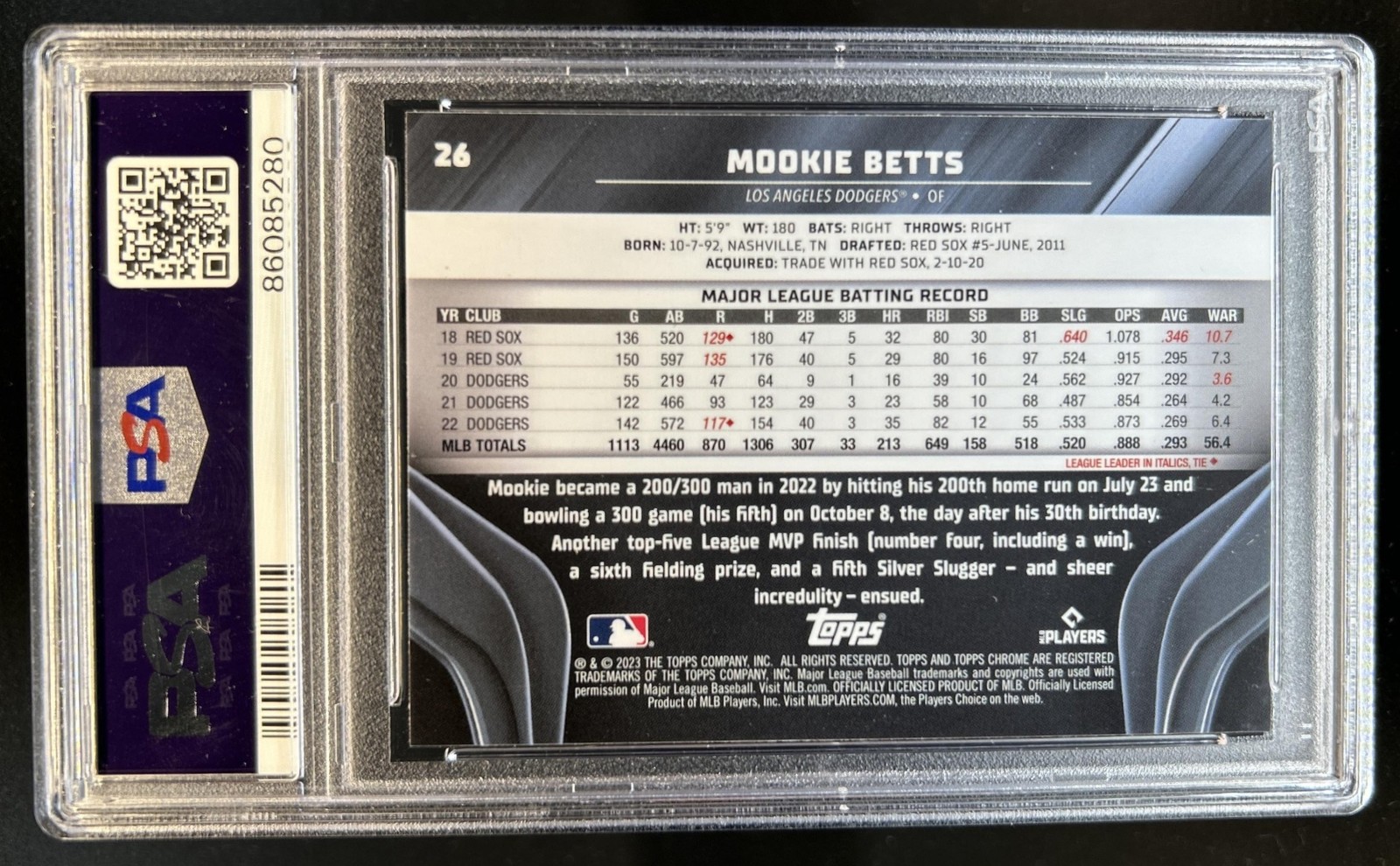 2023 Topps Chrome Black Mookie Betts #26 Dodgers PSA 9 view 2