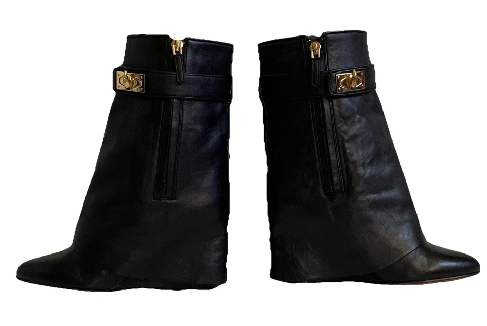 💎 Botas de cuña Givenchy Shark Lock - Cuero negro, herrajes dorados💎 Foto 2 de 4