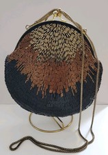Vintage La Regale Black Gold Bronze Beaded Evening Bag Purse Kiss Clasp Chain