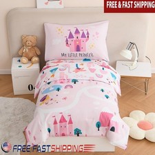 Toddler Bed Set 4pcs Comforter Fitted Flat Sheet Pillowcase Fairy Castle Design