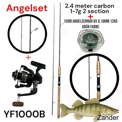  Angelset Spinnrute 2,4m Carbon +Rolle +150m Geflochtene Schnur Ideal für Zander