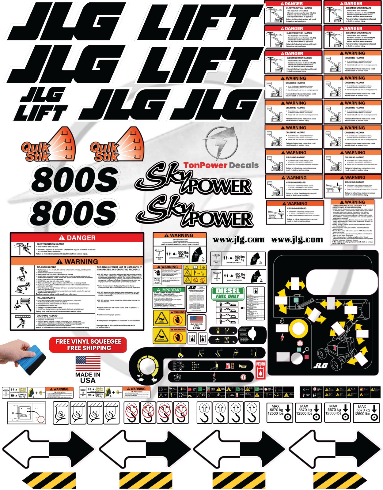 Fits JLG 800S Boom Lift Decal Kit – 3M Vinyl – Free Shipping