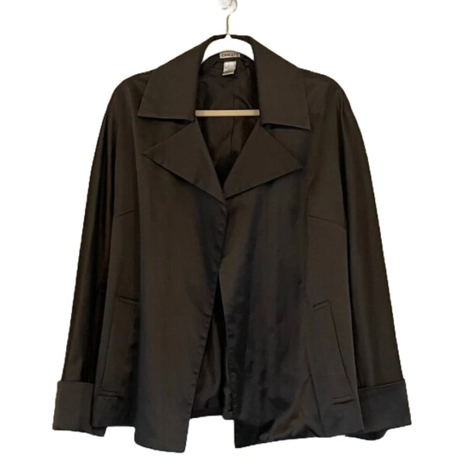 Chico's Satiny Wrap/Tie Open Blazer, Charcoal Gray, Cuffed Sleeves, Size M - Image 2 of 4