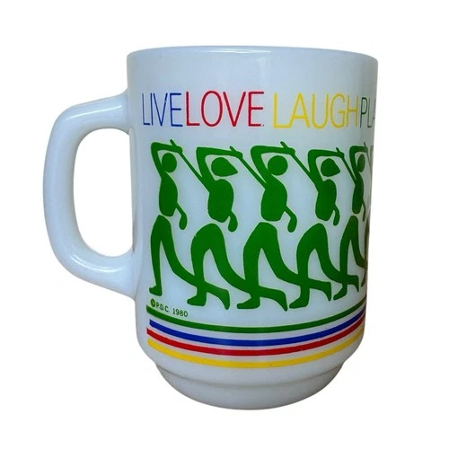 Anchor Hocking Golf Mug Vintage Milk Glass Live Love Laugh Play Rainbow 1980